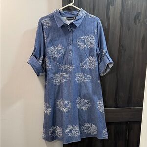 Nina Leonard Embroidered Floral Blue Textured Fabric Dress